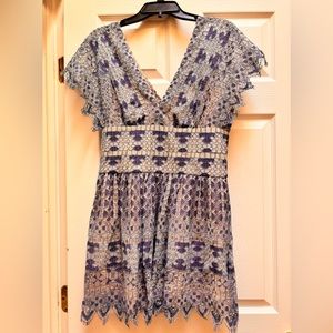 BCBG blue lace dress with tan underlay. Size 10.